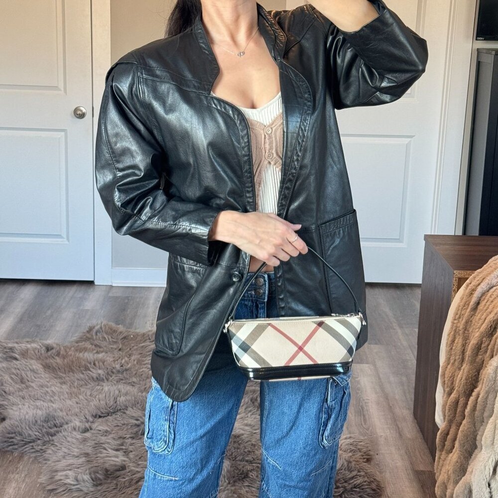 Y2K Genuine Leather Jacket Oversized Statement Shoulders Black 90s Retro Whimsy